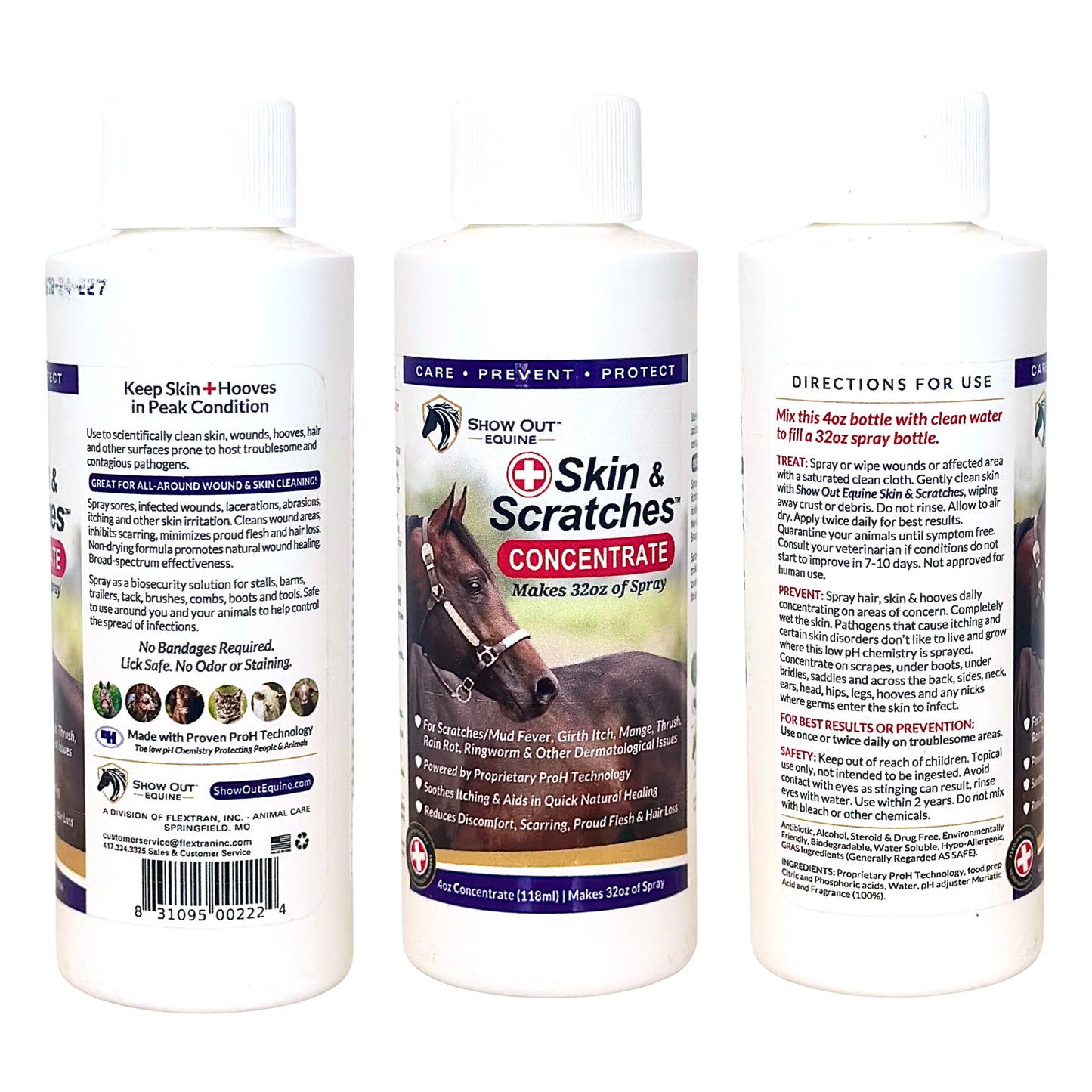 Show Out Skin & Scratches 4 oz Concentrate - Fast Relief and Prevention for Horse Care. Use on Equine Scratches/Mud Fever, Girth Itch, Mange, Thrush, Rain Rot, Ringworm, etc w/Empty Spray Bottle