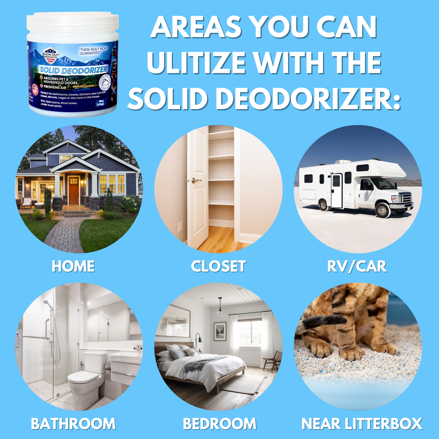 Show Out Solid Deodorizer & Air Freshener - Long Lasting, Absorbs Pet & Household Odors, Bathroom, Closet, Small Spaces, Room, Basement, Office, RV, Beds, Kitchen & More. 15 oz Rainstorm Fragrance