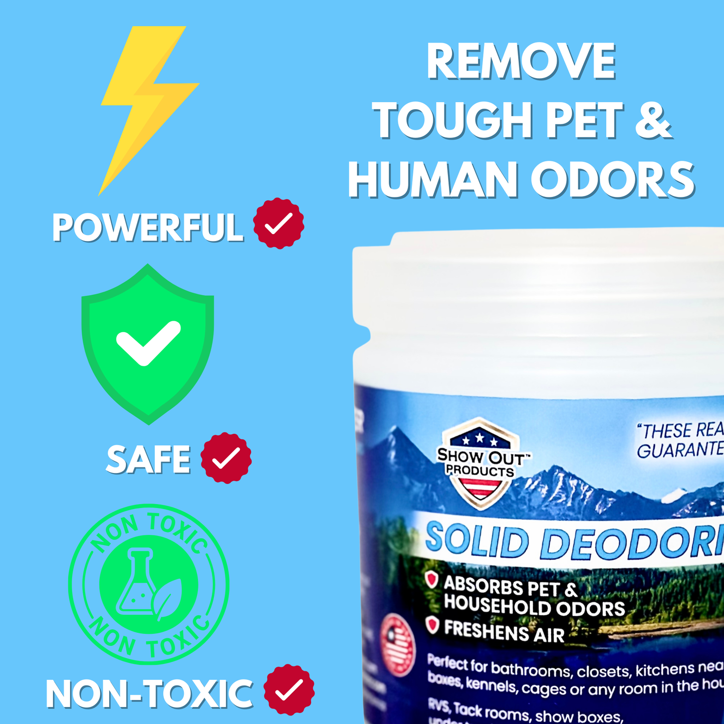 Show Out Solid Deodorizer & Air Freshener - Long Lasting, Absorbs Pet & Household Odors, Bathroom, Closet, Small Spaces, Room, Basement, Office, RV, Beds, Kitchen & More. 15 oz Rainstorm Fragrance