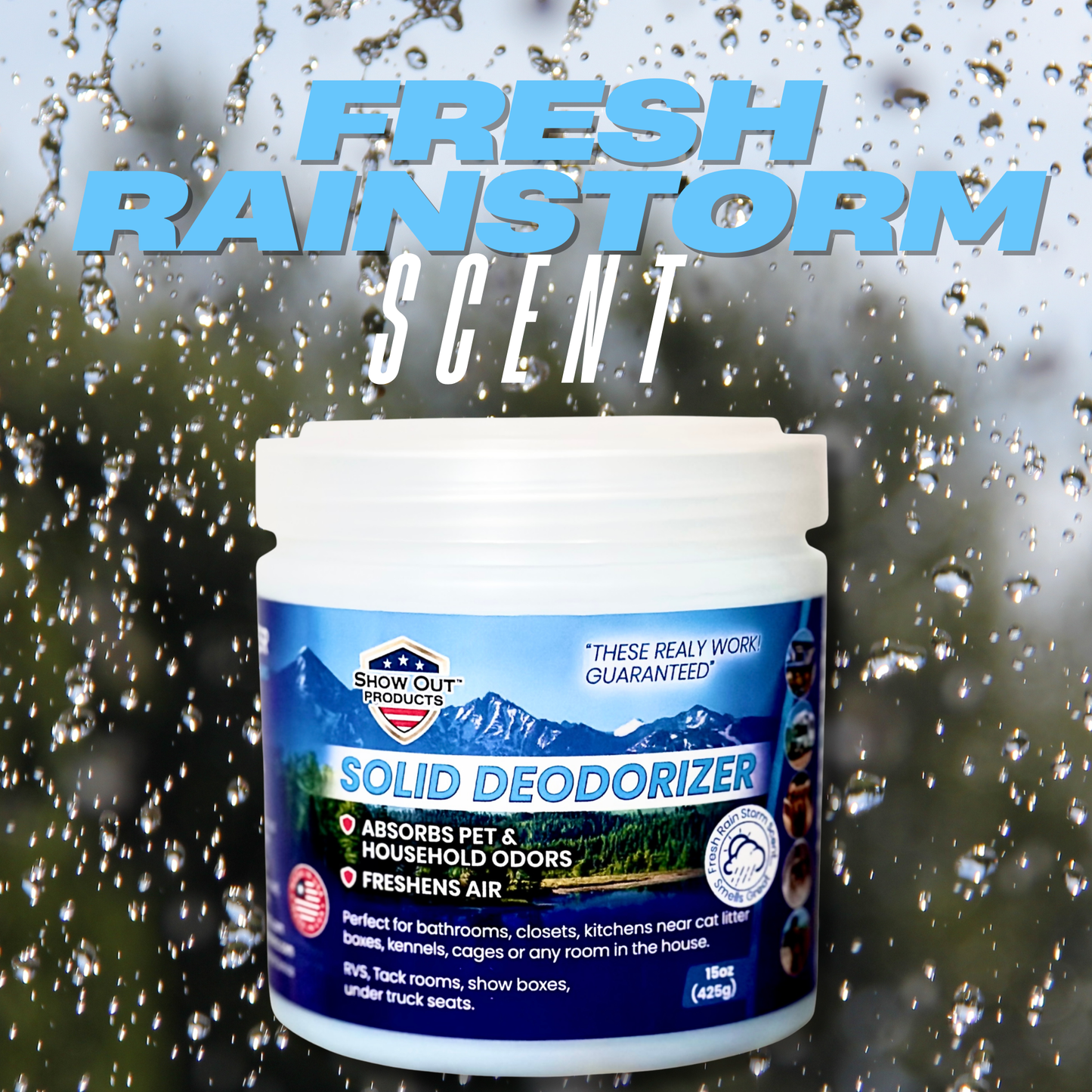 Show Out Solid Deodorizer & Air Freshener - Long Lasting, Absorbs Pet & Household Odors, Bathroom, Closet, Small Spaces, Room, Basement, Office, RV, Beds, Kitchen & More. 15 oz Rainstorm Fragrance