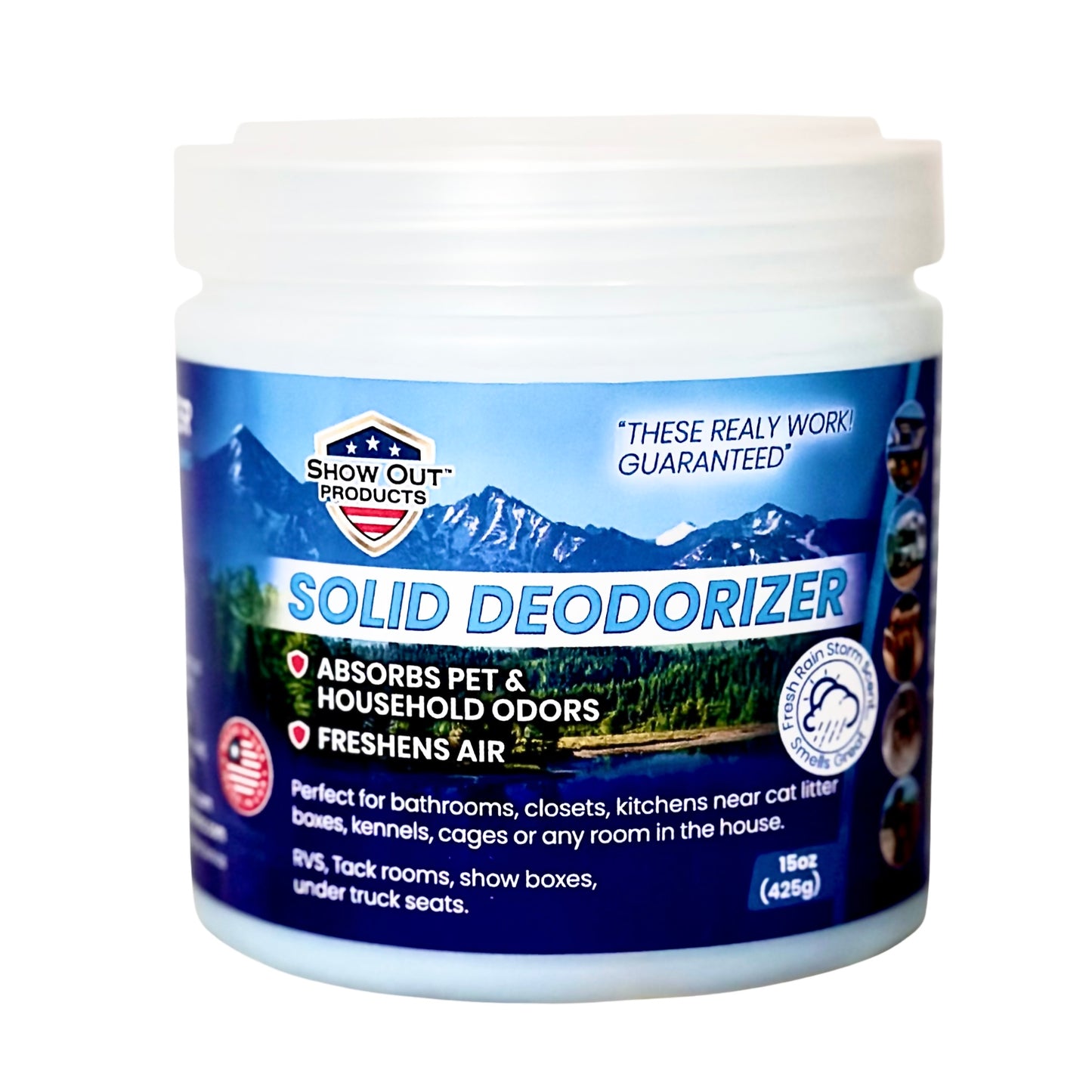 Show Out Solid Deodorizer & Air Freshener - Long Lasting, Absorbs Pet & Household Odors, Bathroom, Closet, Small Spaces, Room, Basement, Office, RV, Beds, Kitchen & More. 15 oz Rainstorm Fragrance