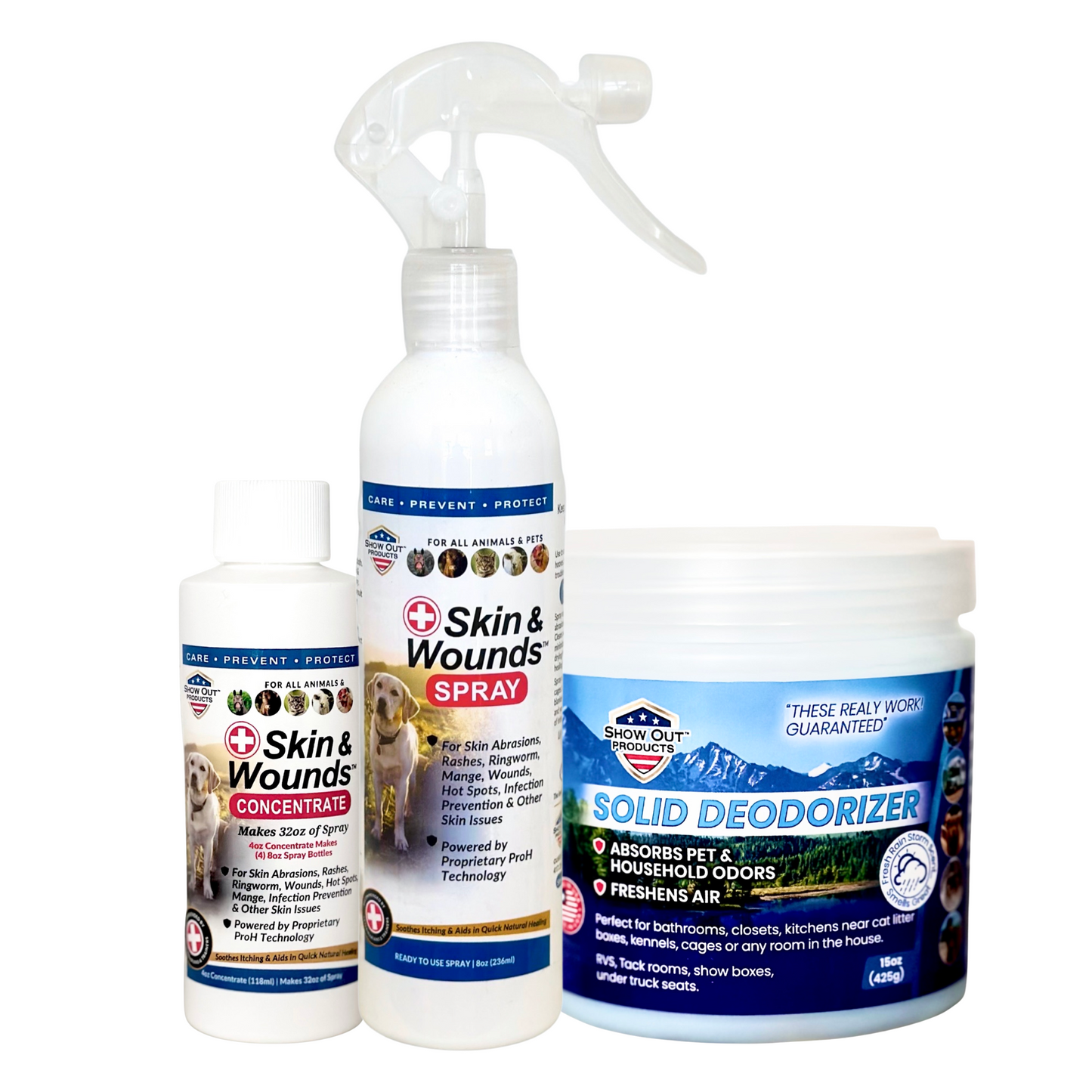 Bird Dog Championship Special #1 - Skin & Wounds 4oz Concentrate, 8 oz Empty Skin & Wounds sprayer & Show Out Solid Deodorizer