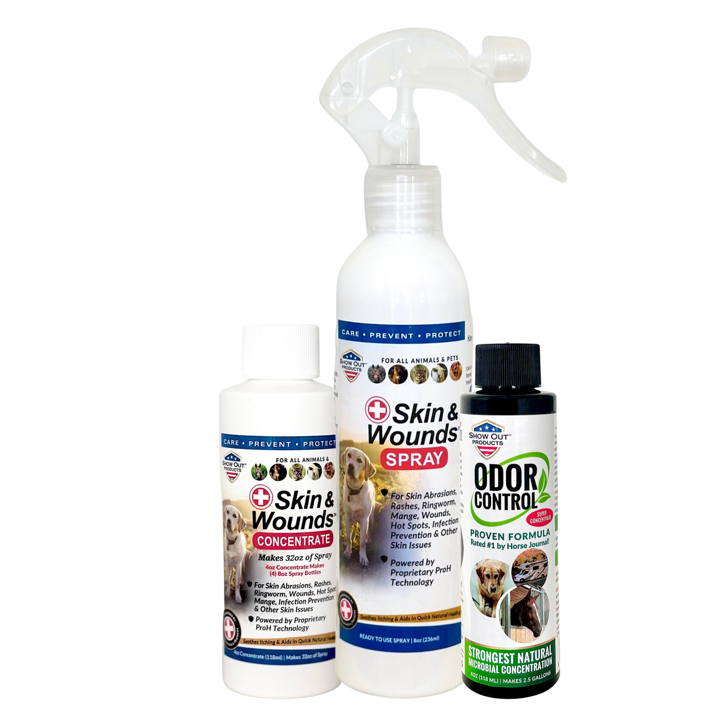 Bird Dog Championship Special #2 - Skin & Wounds 4oz Concentrate, 8 oz Empty Skin & Wounds sprayer & Show Out 4oz Odor Control Concentrate