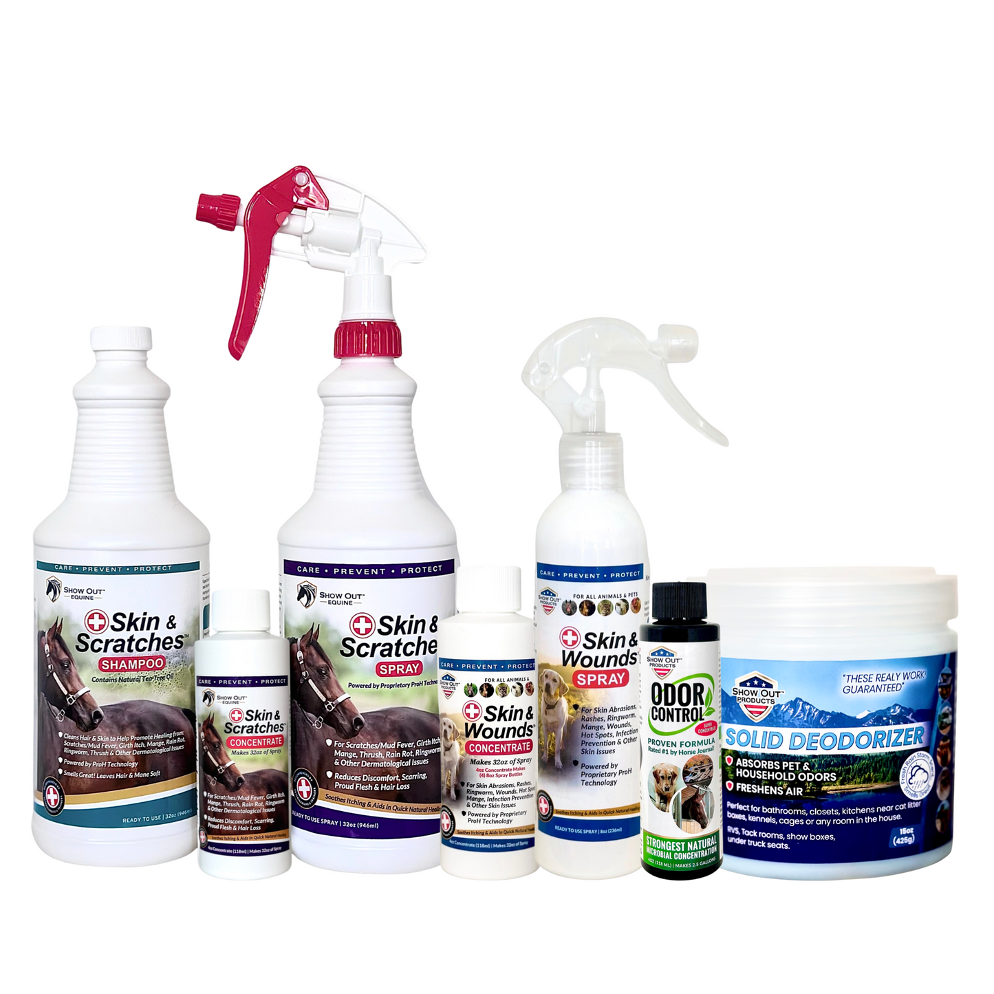 Bird Dog Championship Special #3 - Skin & Scratches 4oz Concentrate, 32 oz Empty Sprayer, Skin & Scratches Shampoo 32 oz, Skin & Wounds Wound 4oz Concentrate, 8 oz Empty Sprayer, Show Out Odor Control 4oz Concentrate & Show Out Solid Deodorizer
